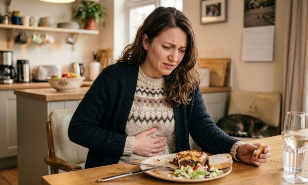 Doctor discussing stomach pain after eating symptoms with a patient during a primary care consultation